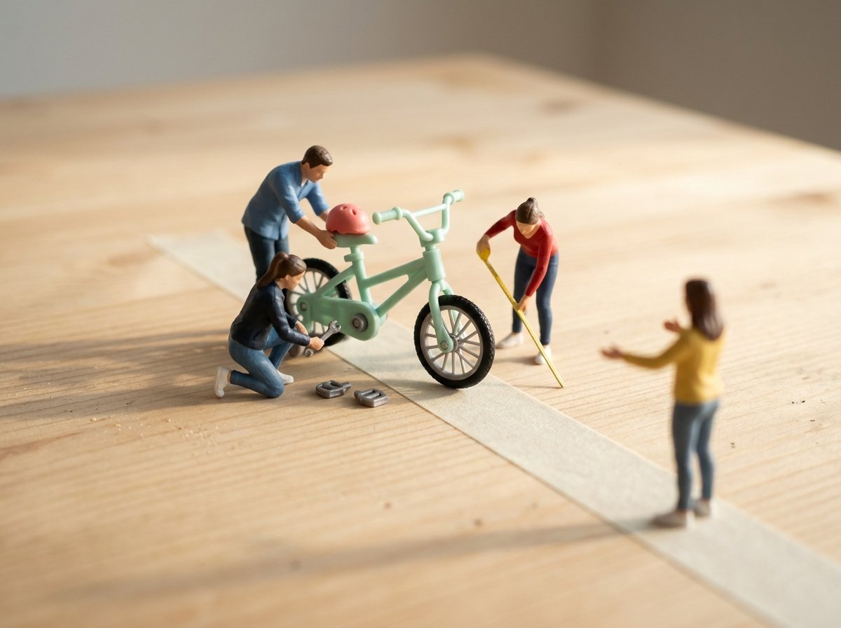 ペダルを外した子ども用自転車のまわりで、人形がサドルを下げたり、テープの道の先で両手を広げて待ったりしているミニチュアジオラマ