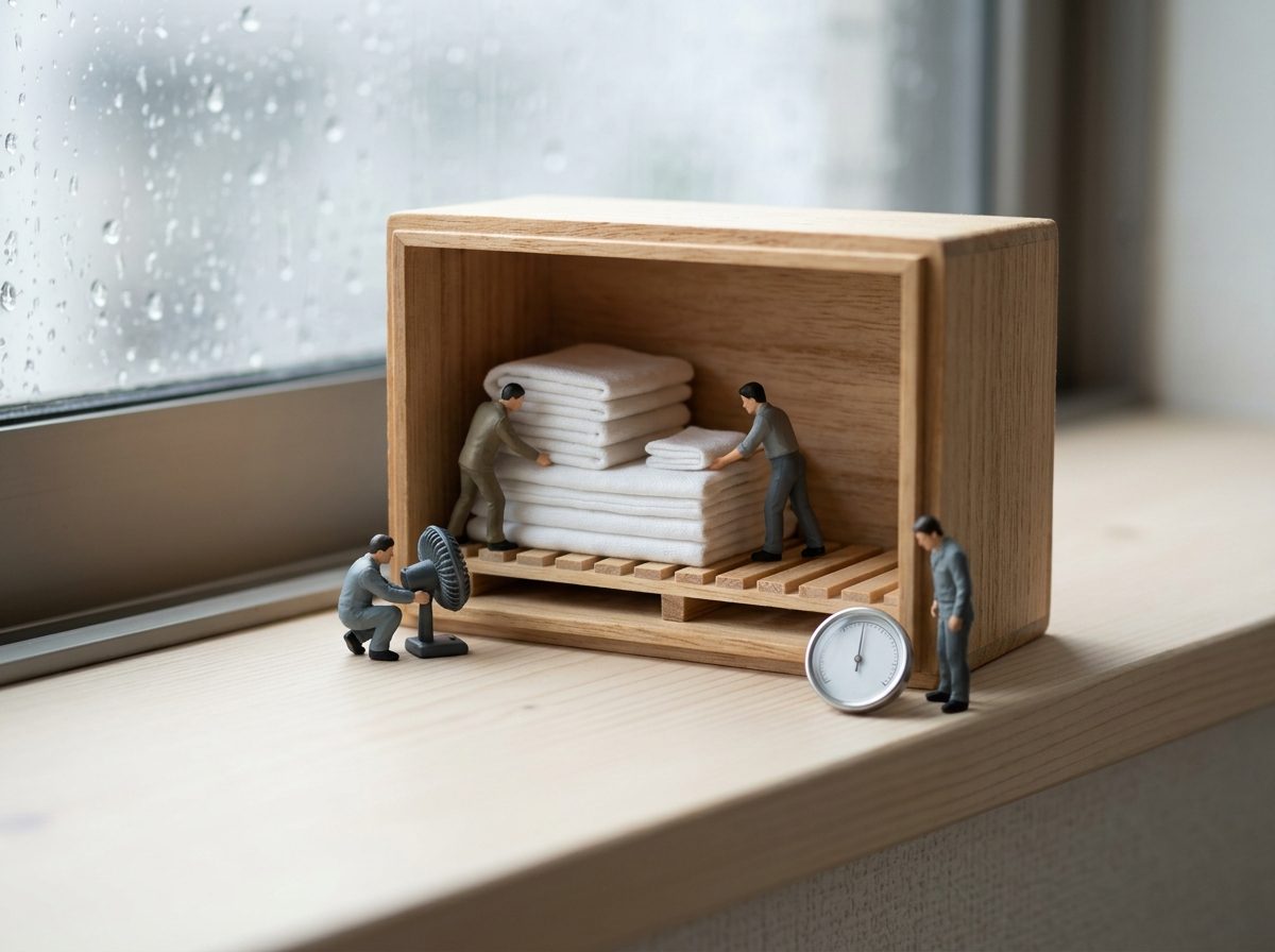 雨の窓辺で木箱を押し入れに見立て、人形がすのこの上のタオルに扇風機で風を送るミニチュアジオラマ