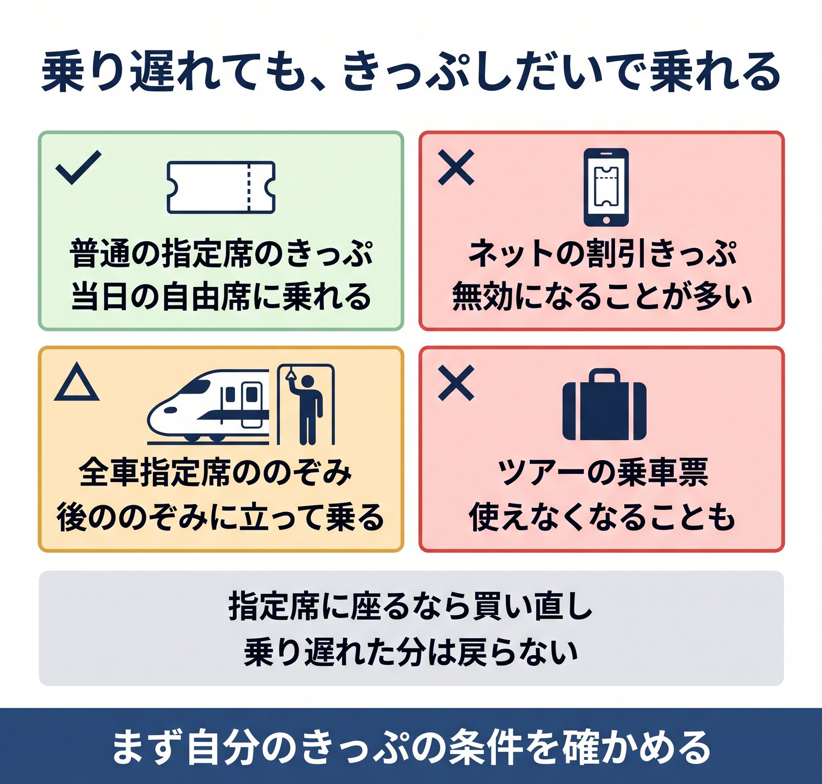 新幹線に乗り遅れたとき、普通のきっぷ・ネットの割引きっぷ・全車指定席ののぞみ・ツアーの乗車票でそれぞれどうなるかをまとめた図解