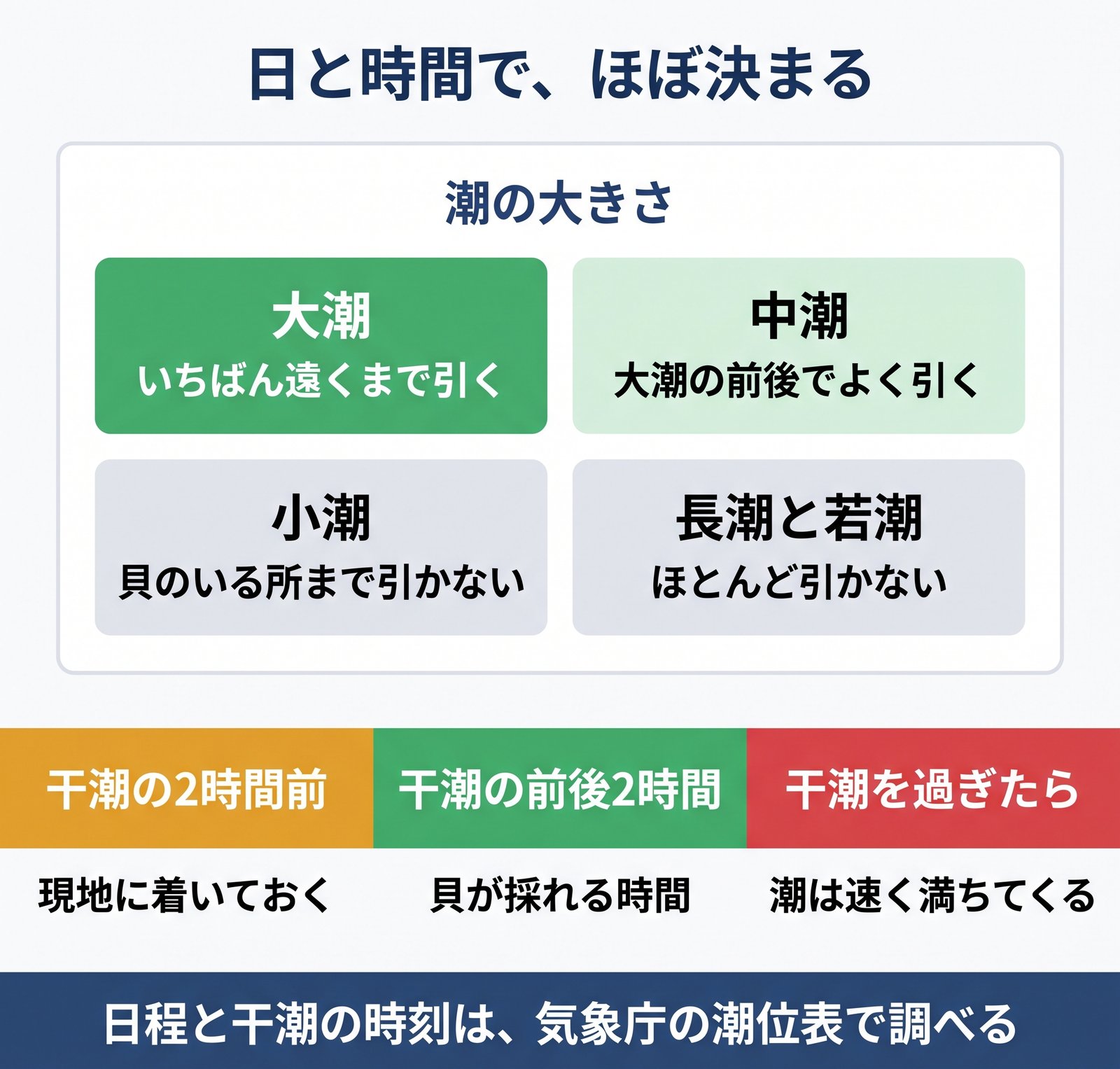 潮の大きさ4種類と、干潮の前後で潮干狩りに向く時間帯をまとめた図解