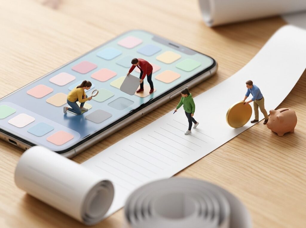 スマホの画面を広場に見立て、人形が使っていないアプリを外したり明細をたどったりしているミニチュアジオラマ