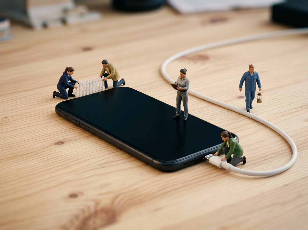 画面を消したスマホを広場に見立て、人形が柵を立てて充電ケーブルをつないでいるミニチュアジオラマ