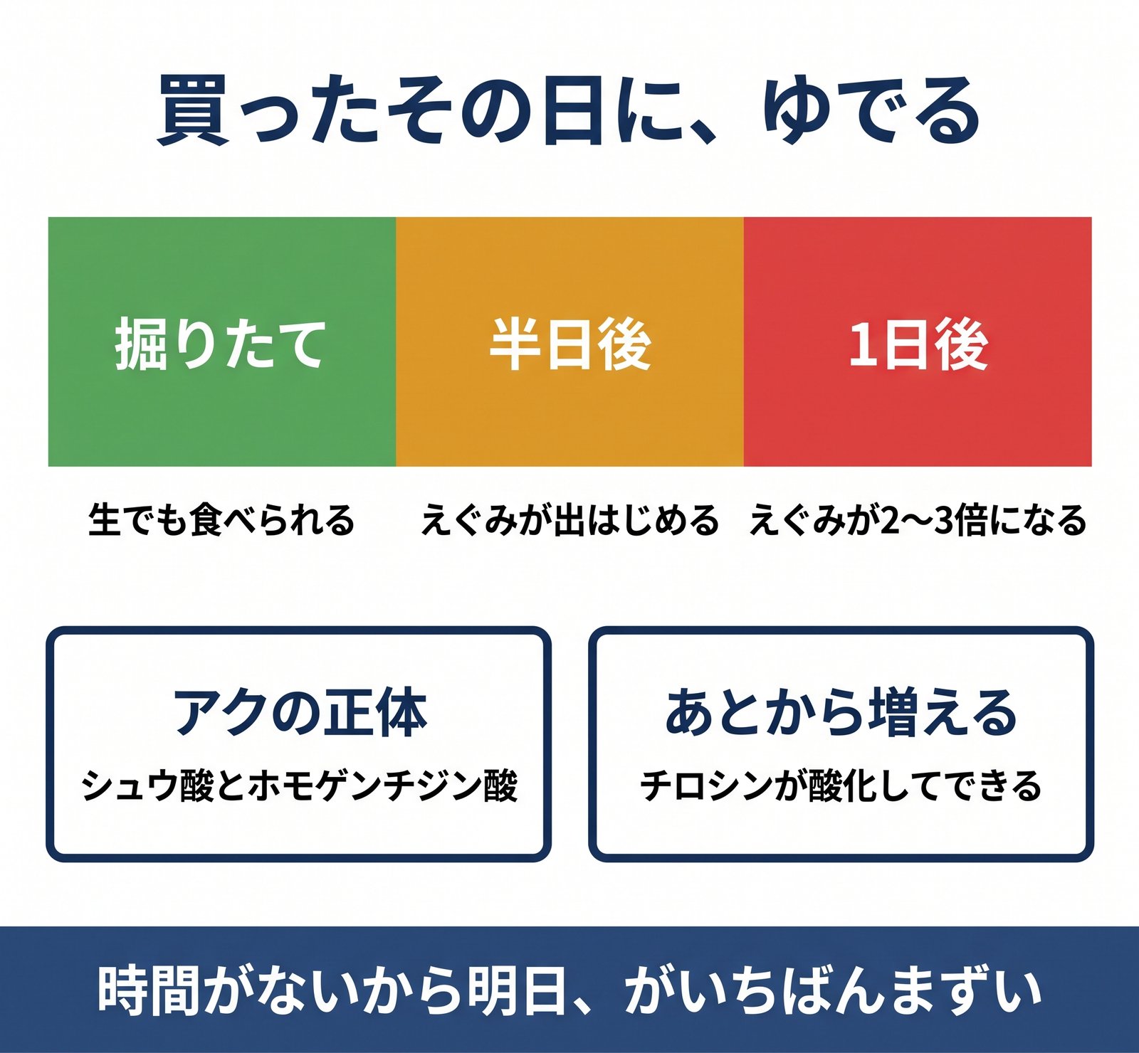 たけのこのえぐみが時間とともに増えることと、アクの正体をまとめた図解