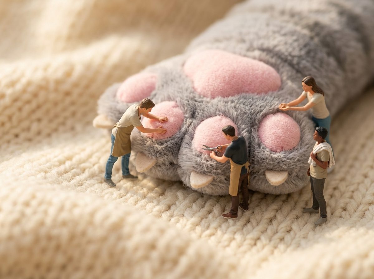 ぬいぐるみの猫の足を丘に見立て、人形が肉球を押して爪の先を切ろうとしているミニチュアジオラマ