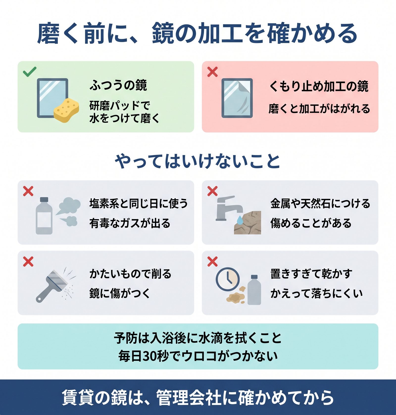 研磨してよい鏡と磨いてはいけない加工鏡の違い、やってはいけない4つのこと、予防法をまとめた図解