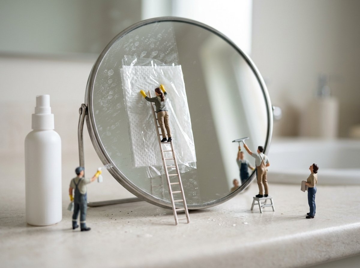 ウロコのついた丸い鏡を壁に見立て、人形がキッチンペーパーとラップでパックしているミニチュアジオラマ